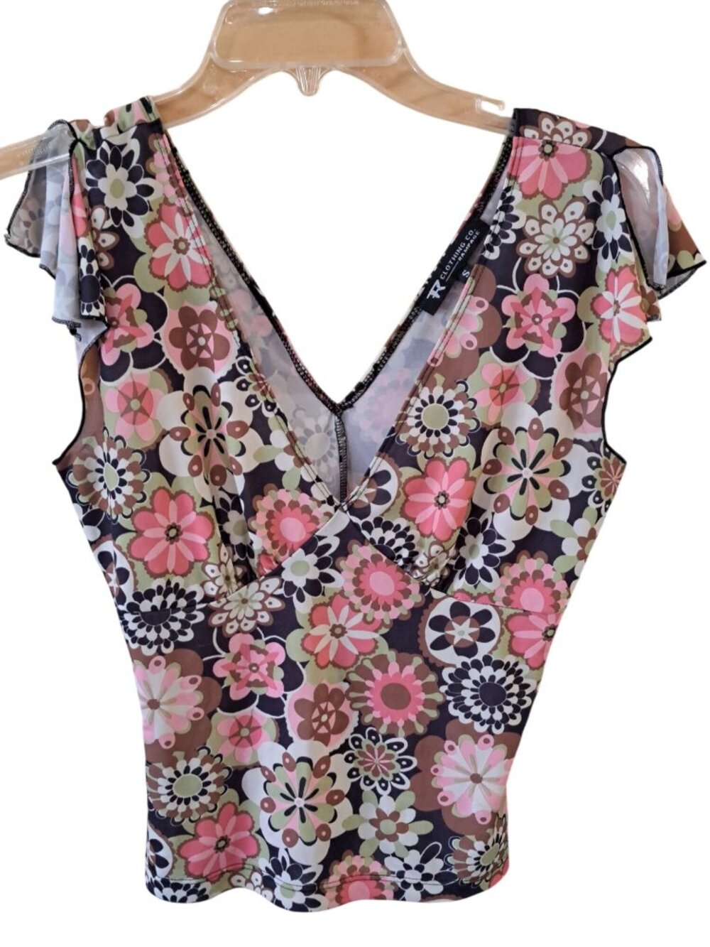 Y2K Rampage Babydoll Floral Print V-Neck Sleeveless Blouse Sheer Ruffle Trim S
